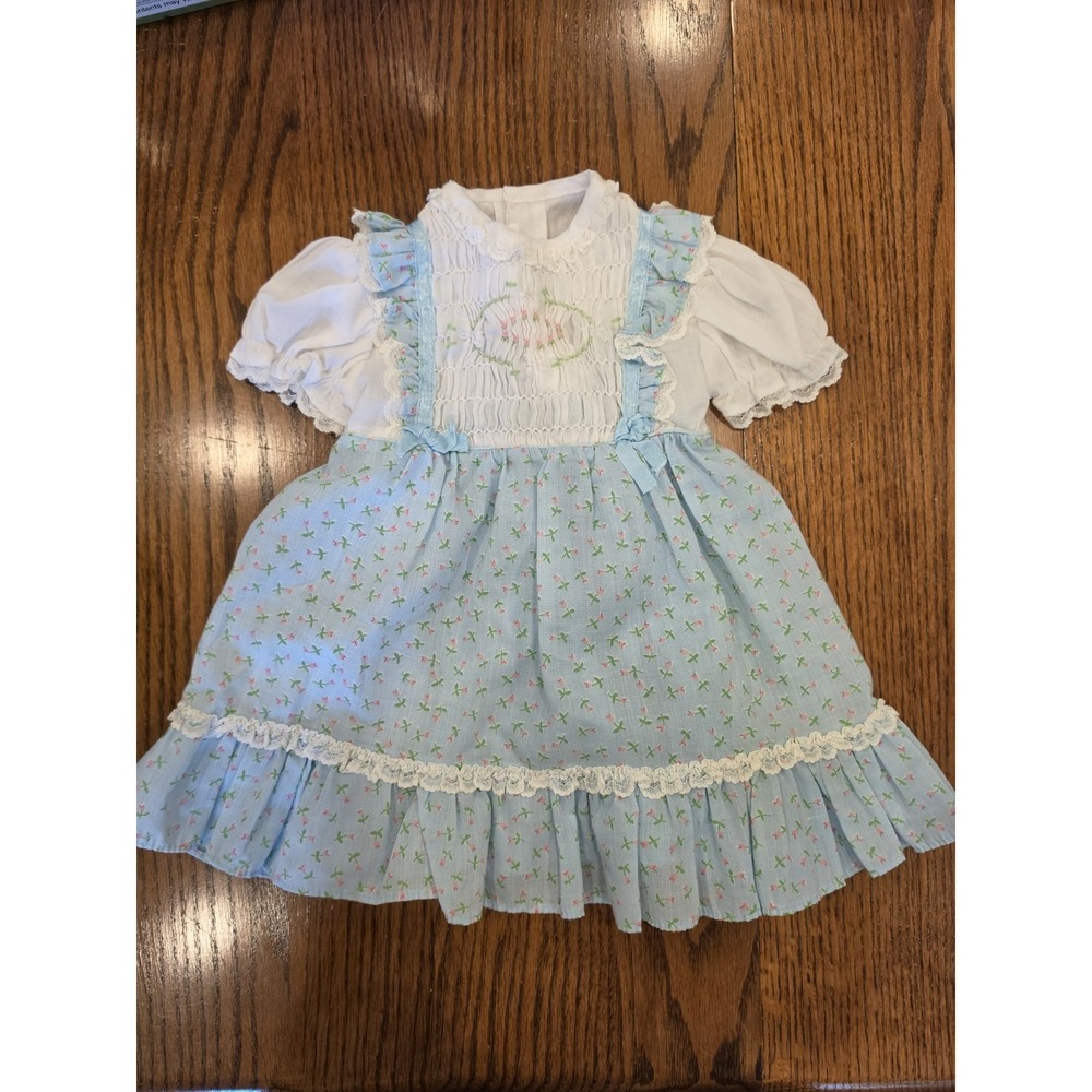 Vtg Polly Flinders 24M Hand Smocked Dress Embroidered Collar Puff Sleeve